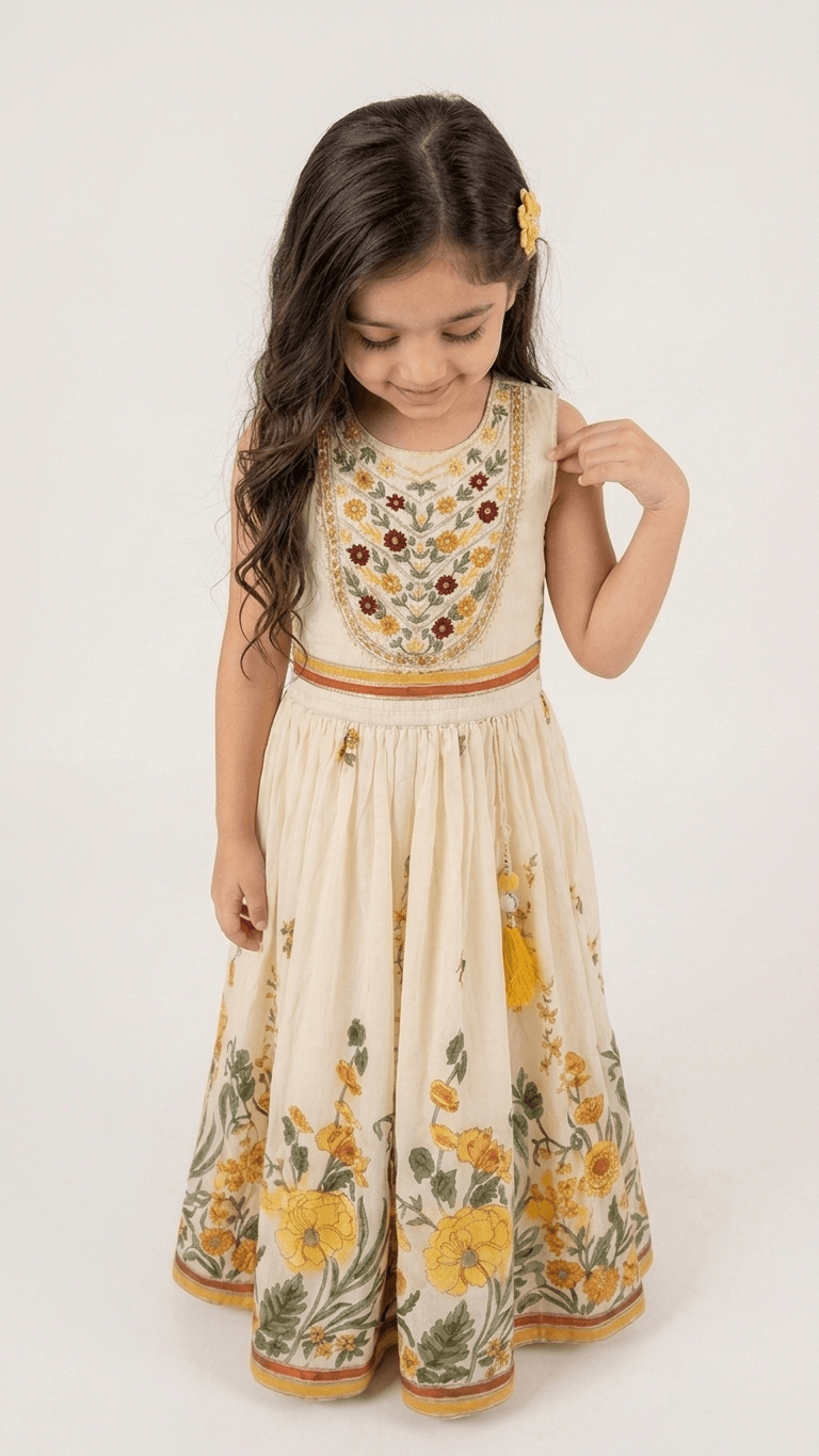Girls Cream Floral Embroidered Ethnic Lehenga Gown Set | Kids Cotton Traditional Festive Wear Dress