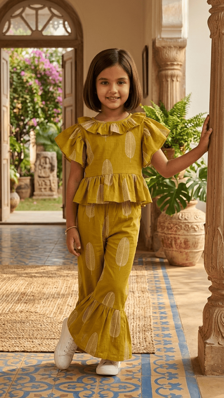 Mustard Leaf Frilled Peplum & Ruffle Pant Set