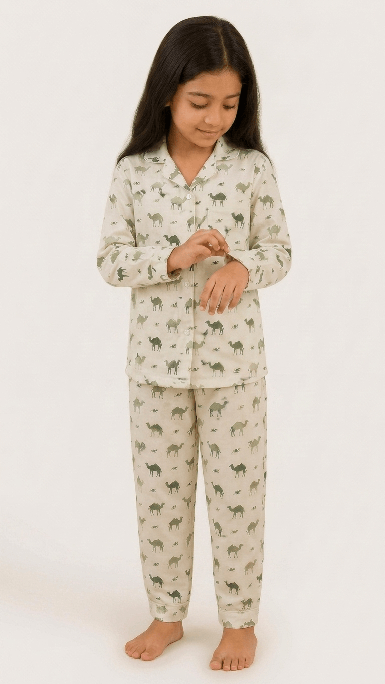 Satrangi House Kids 100% Pure Cotton Woven Full-Sleeve Olive Green Camel Print Night Suit Pajama Set with Travel Pouch