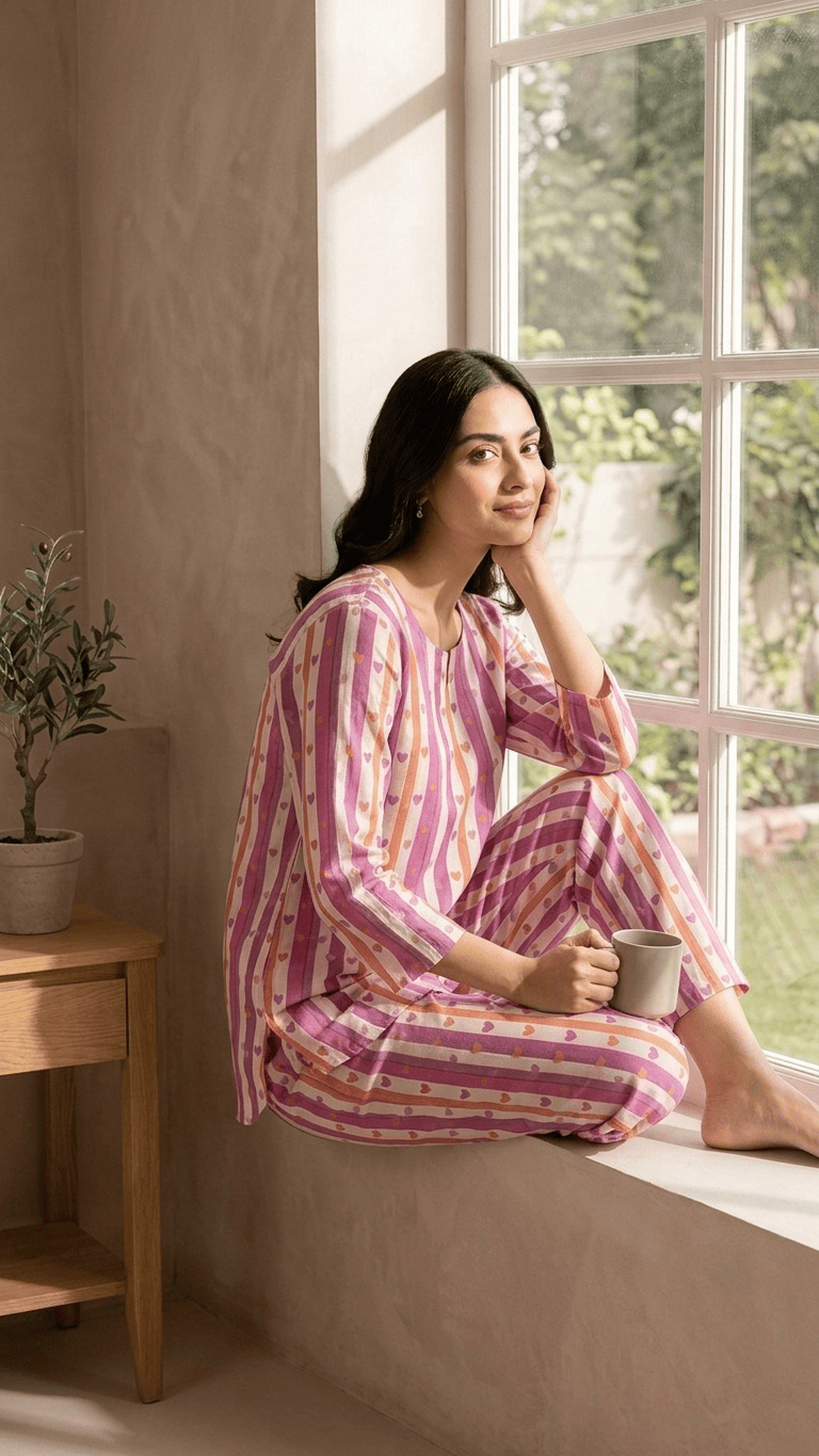 Women's Pink Heart Stripe Cotton Lounge Set