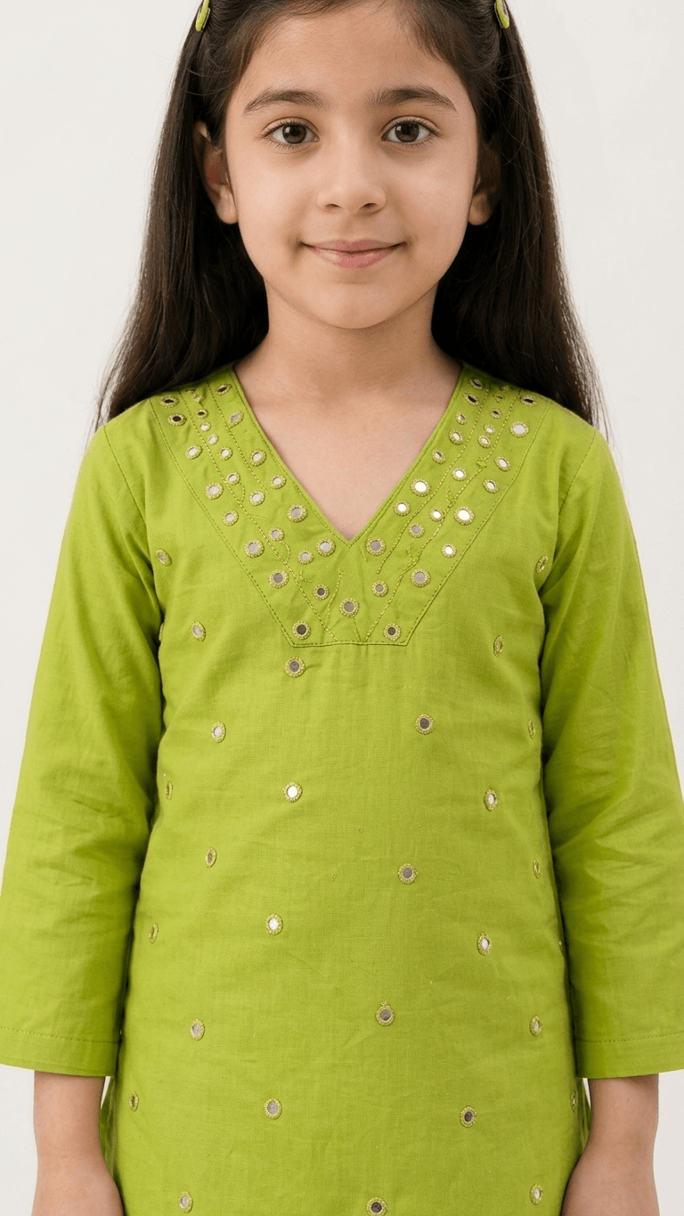 Girls Lime Green Mirror Work Kurta Pant Set | Kids Traditional Cotton Straight Kurti Trousers Festive Wear