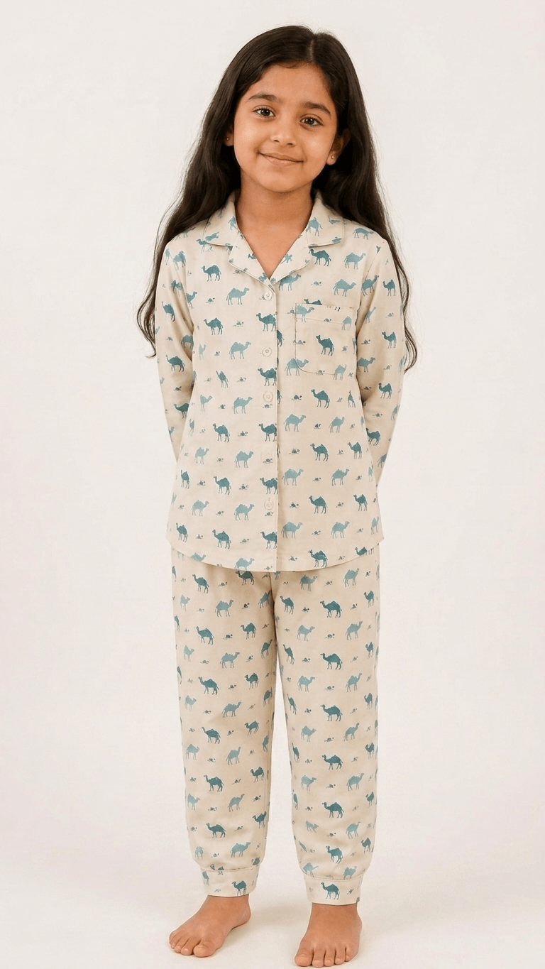 satrangi house Kids 100% Pure Cotton Woven Full-Sleeve Dark Teal Camel Print Night Suit Pajama Set with Travel Pouch