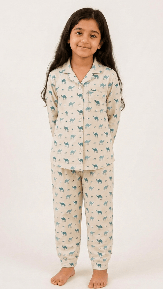 satrangi house Kids 100% Pure Cotton Woven Full-Sleeve Dark Teal Camel Print Night Suit Pajama Set with Travel Pouch