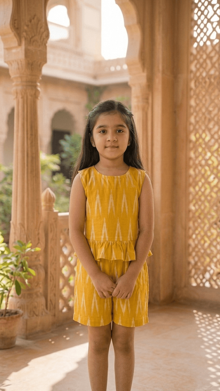 Mustard Ikat Frill Top & Shorts Set
