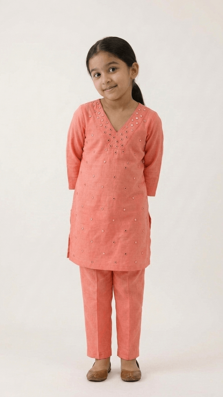 Girls Peach Mirror Work Kurta Pant Set | Kids Traditional Cotton Straight Kurti Trousers Festive Wear