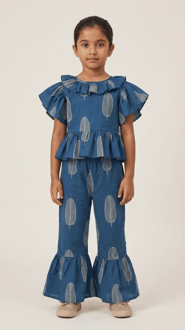 Indigo Leaf Frilled Peplum & Ruffle Pant Set
