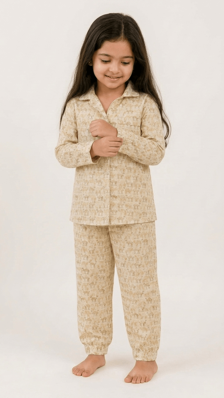 Satrangi House Unisex Kids 100% Cotton Woven Full-Sleeve Camel Print Night Suit Pajama Set with Travel Pouch - Beige
