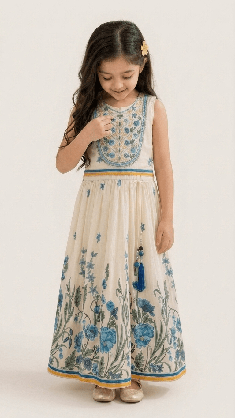 Girls Cream & Blue Floral Embroidered Ethnic Lehenga Gown | Kids Traditional Cotton Festive Wear Dress