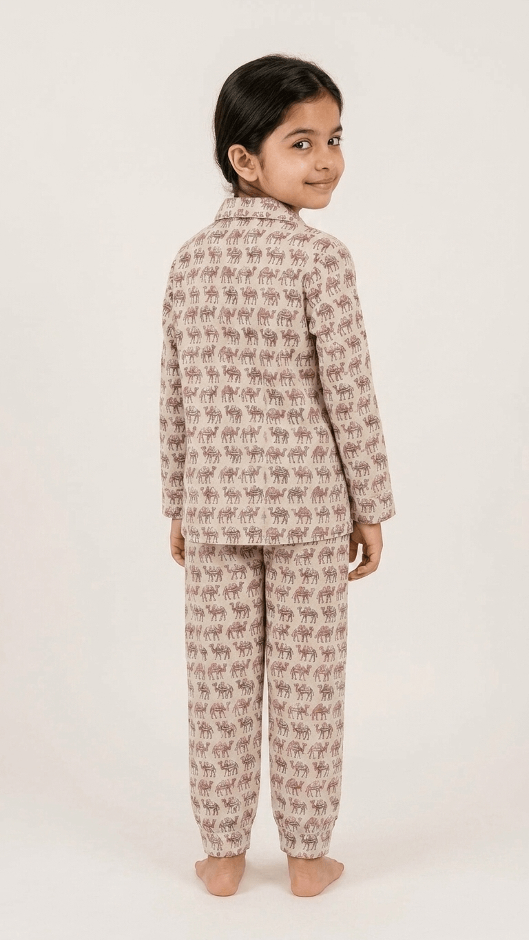 satrangi house Kids 100% Pure Cotton Woven Full-Sleeve Mauve Camel Print Night Suit Pajama Set with Travel Pouch