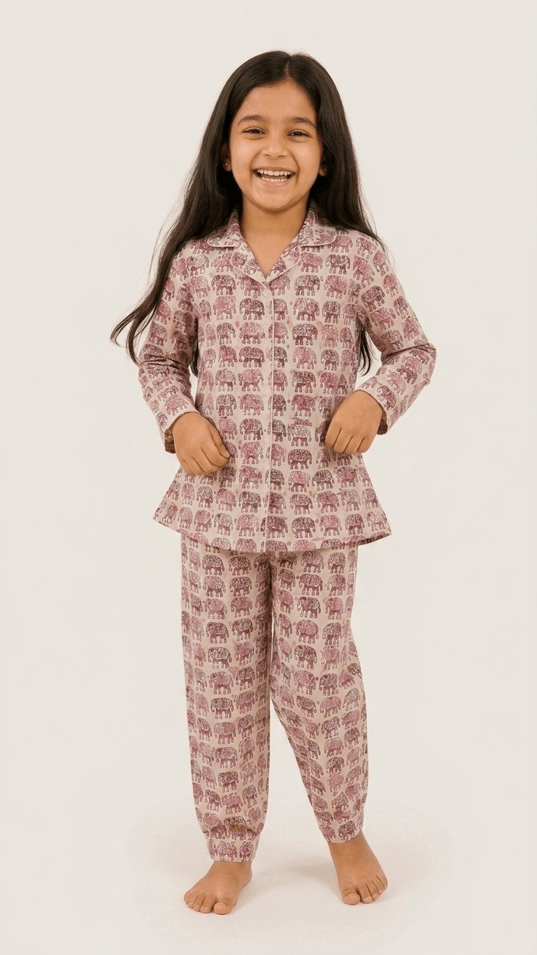Satrangi House Kids 100% Pure Cotton Woven Full-Sleeve Pink Elephant Print Night Suit Pajama Set with Travel Pouch