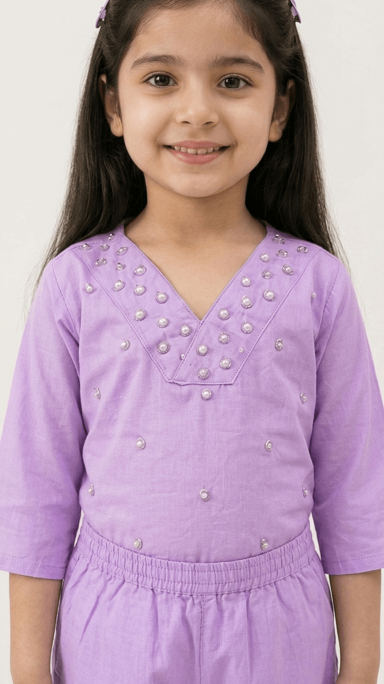 Girls Lavender Mirror Work Kurta Pant Set | Kids Traditional Cotton Straight Kurti Trousers Festive Wear