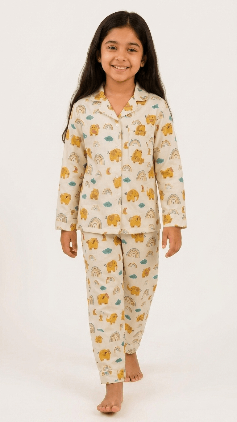 Satrangi House Kids 100% Pure Cotton Woven Full-Sleeve Yellow Elephant and Rainbow Print Night Suit Pajama Set with Travel Pouch