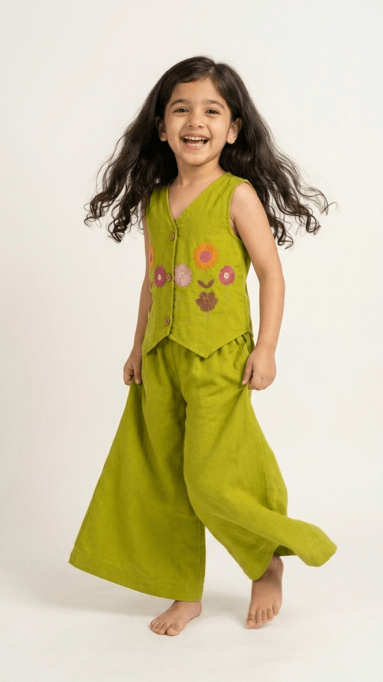 Girls Lime Green Embroidered Waistcoat and Palazzo Co-Ord Set | Kids Indo-Western Casual Festive Fusion Dress