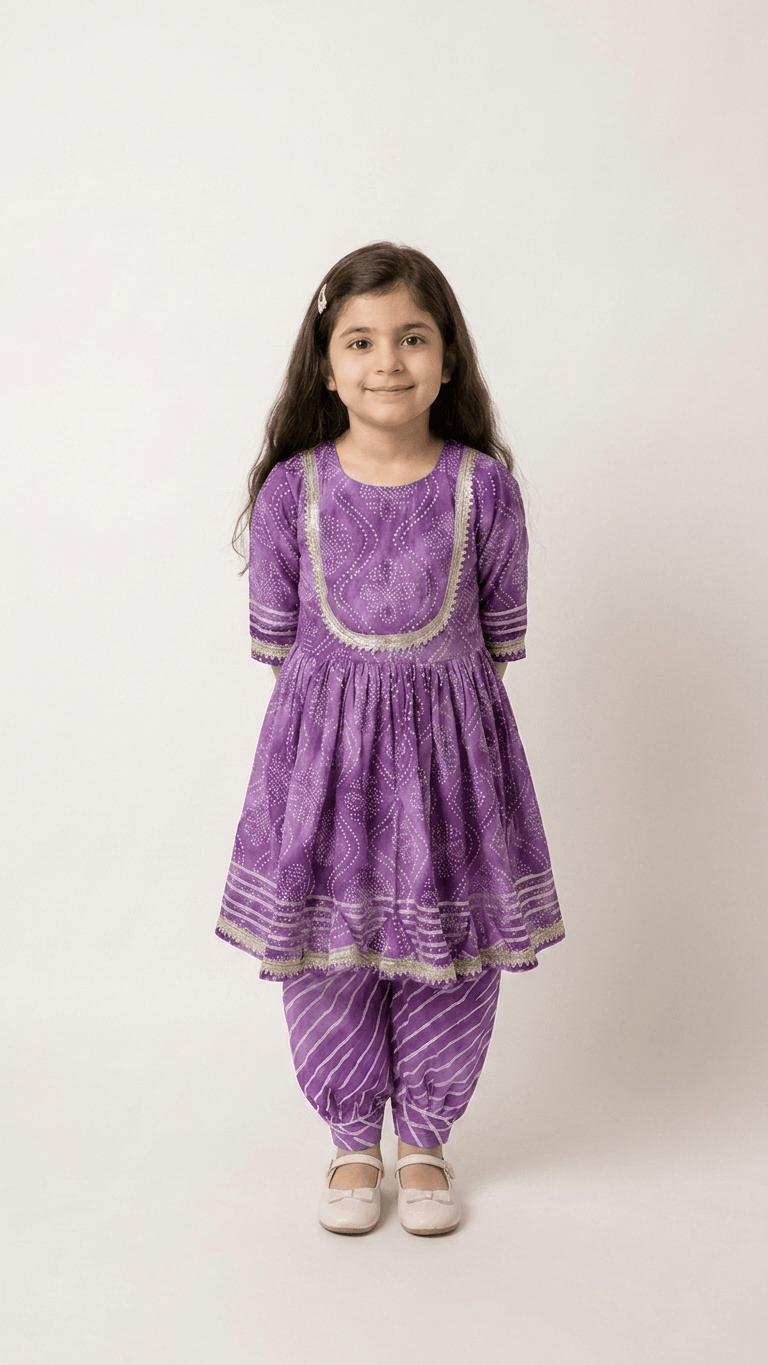 Girls Purple Bandhani Print Flared Kurti Dhoti Set | Kids Gota Patti Traditional Anarkali Salwar Kameez Suit