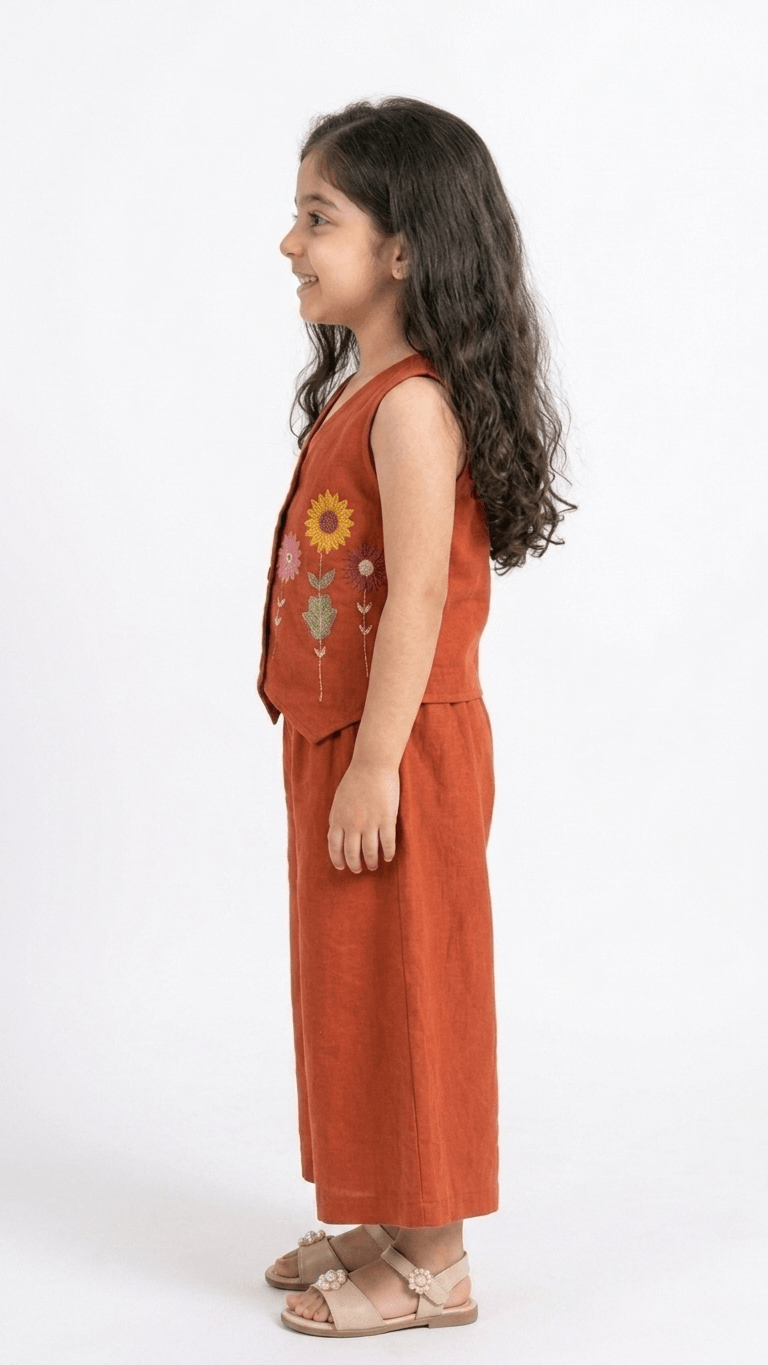 Girls Rust Orange Embroidered Waistcoat and Palazzo Co-Ord Set | Kids Indo-Western Casual Festive Fusion Dress