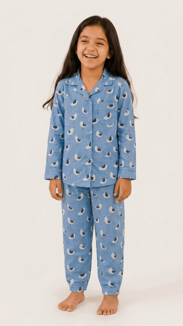 Satrangi House Kids 100% Pure Cotton Woven Full-Sleeve Slate Blue Bird Print Night Suit Pajama Set with Travel Pouch