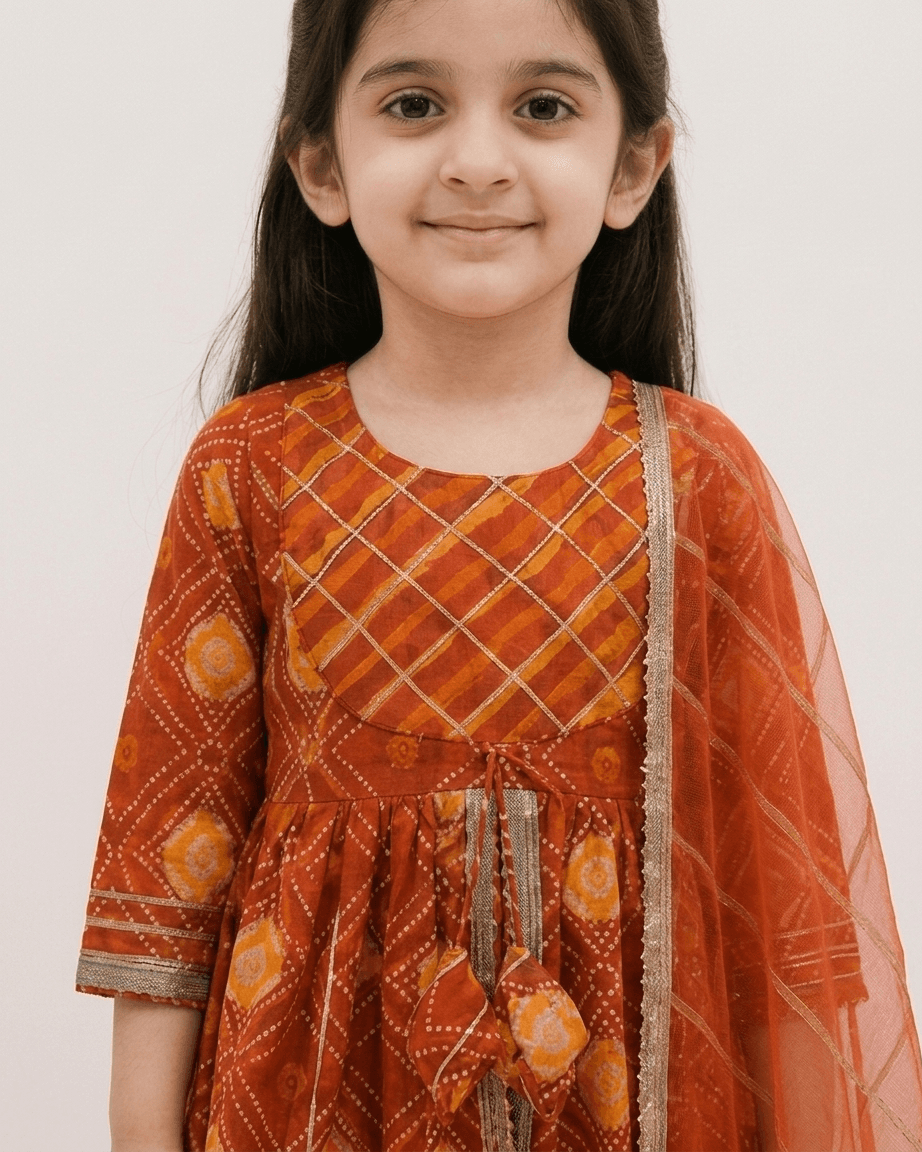 Girls Rust Orange Bandhani Print Peplum Kurti Sharara Set | Kids Gota Patti Traditional Festive Wear Suit with Dupatta
