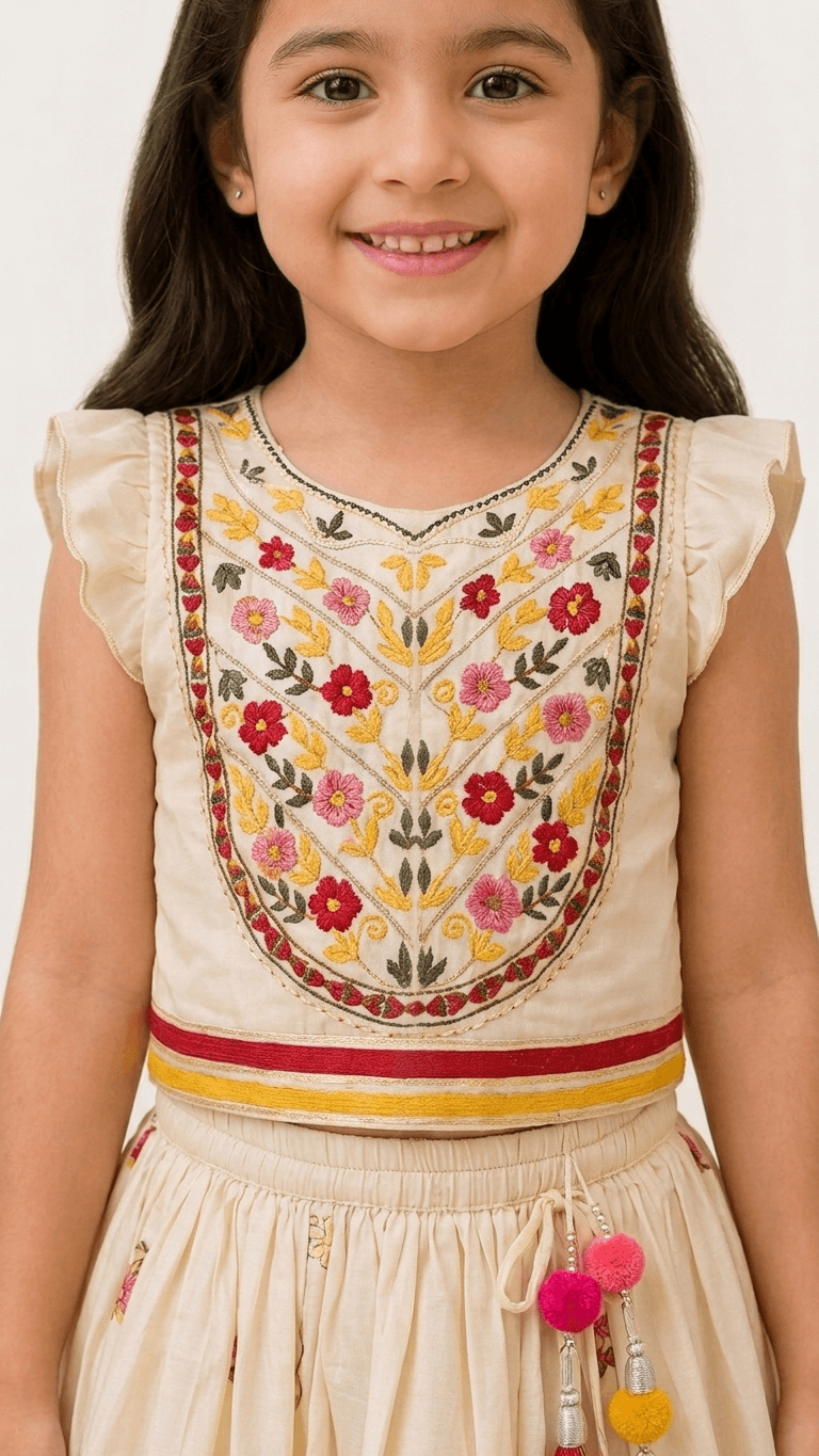 Girls Cream & Pink Floral Embroidered Lehenga Choli Set | Kids Flutter Sleeve Traditional Festive Wear Dress