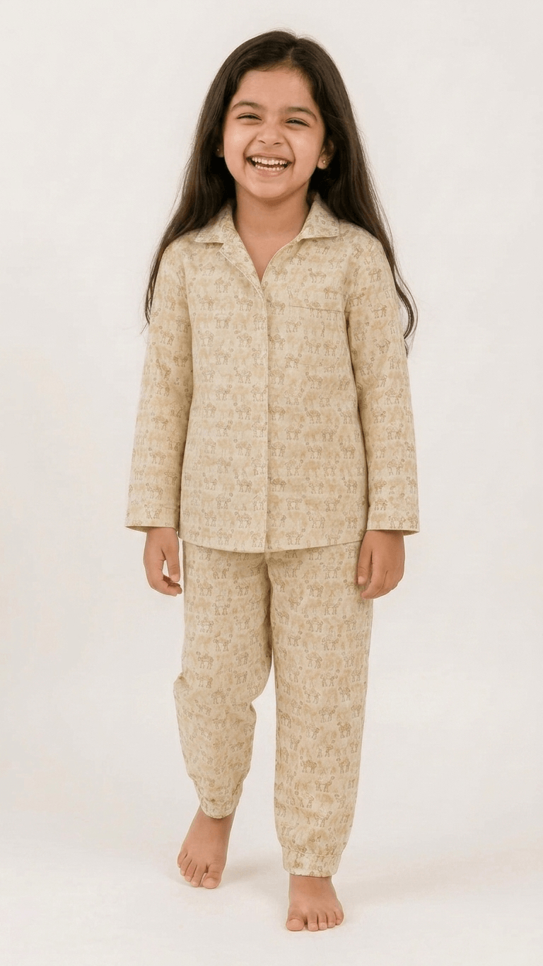 Satrangi House Unisex Kids 100% Cotton Woven Full-Sleeve Camel Print Night Suit Pajama Set with Travel Pouch - Beige