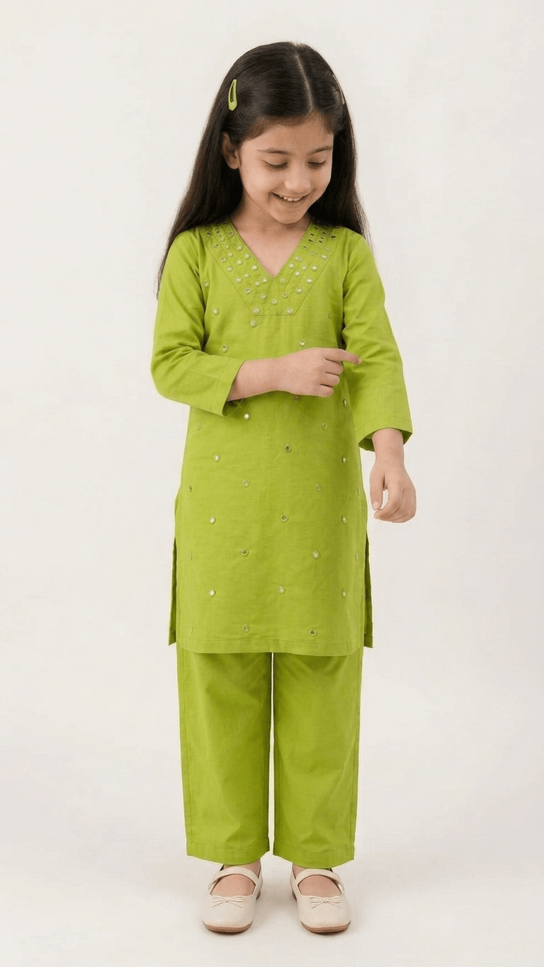 Girls Lime Green Mirror Work Kurta Pant Set | Kids Traditional Cotton Straight Kurti Trousers Festive Wear
