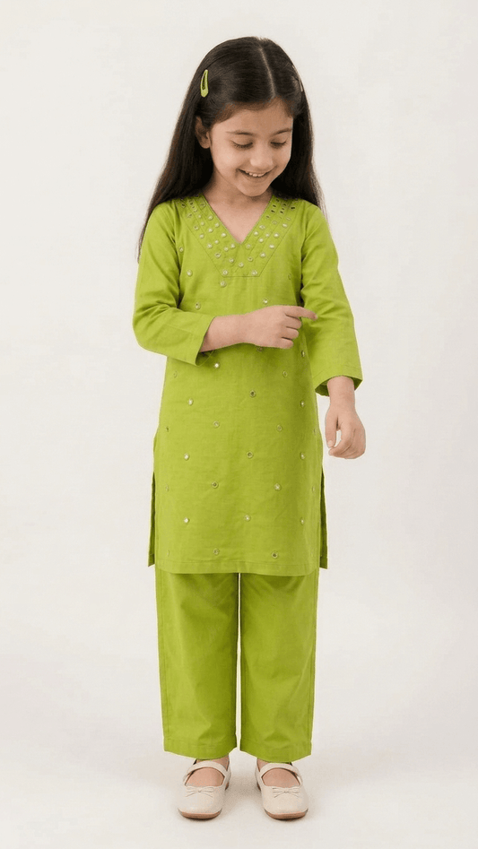 Girls Lime Green Mirror Work Kurta Pant Set | Kids Traditional Cotton Straight Kurti Trousers Festive Wear
