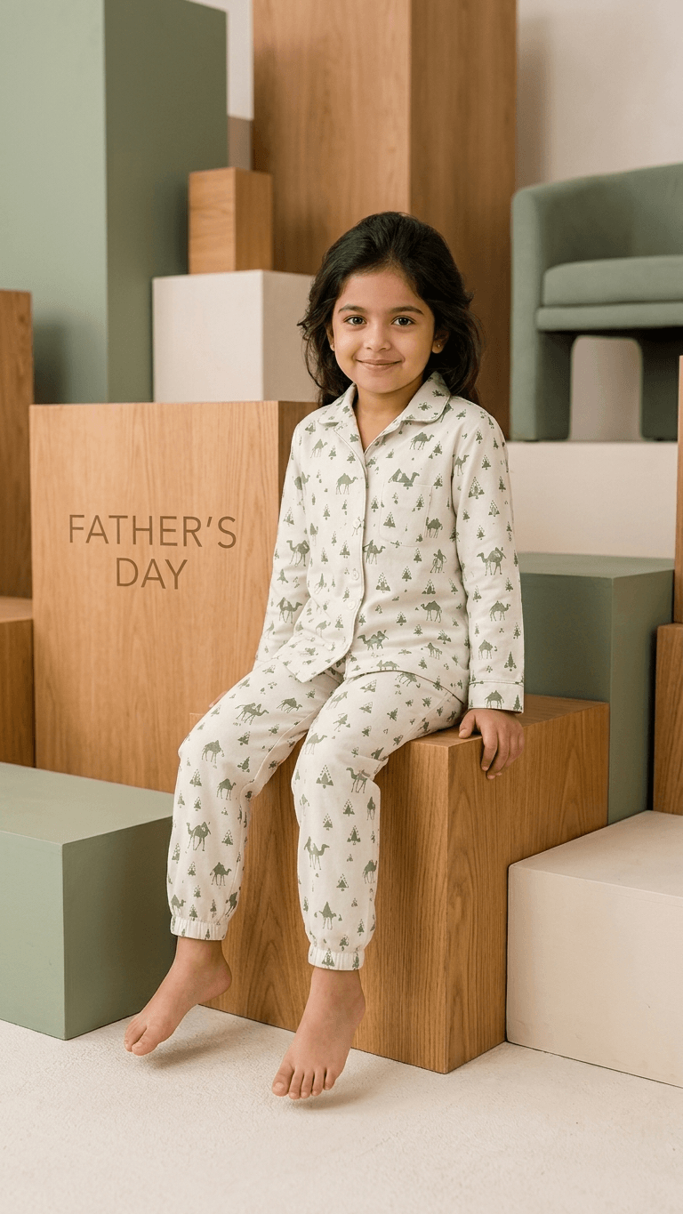 Satrangi House Kids 100% Pure Cotton Woven Full-Sleeve Sage Green Camel Print Night Suit Pajama Set with Travel Pouch