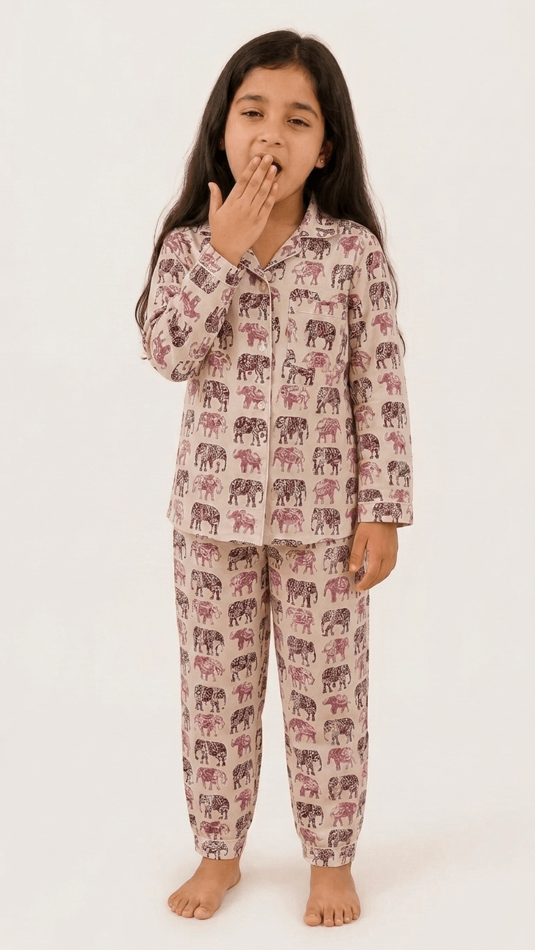 Satrangi House Kids 100% Pure Cotton Woven Full-Sleeve Maroon Elephant Print Night Suit Pajama Set with Travel Pouch - Grl-935