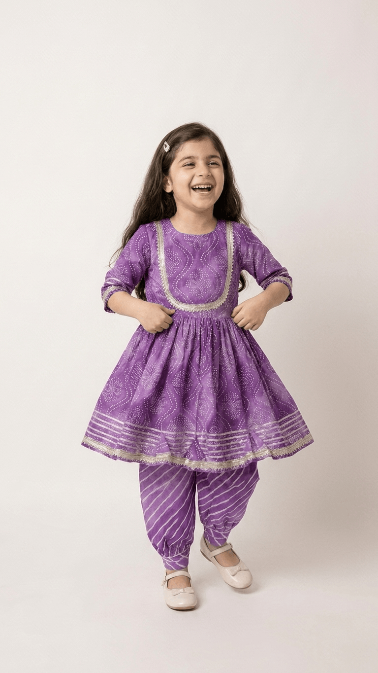Girls Purple Bandhani Print Flared Kurti Dhoti Set | Kids Gota Patti Traditional Anarkali Salwar Kameez Suit