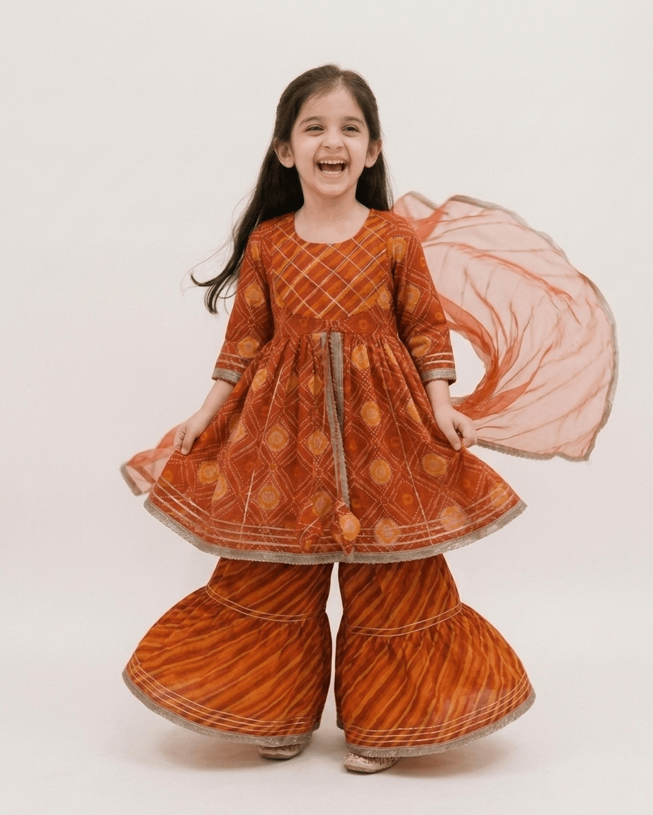 Girls Rust Orange Bandhani Print Peplum Kurti Sharara Set | Kids Gota Patti Traditional Festive Wear Suit with Dupatta