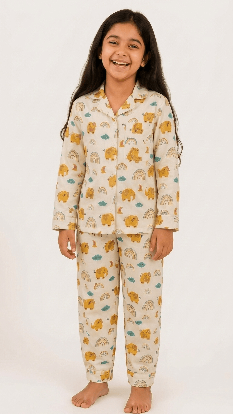Satrangi House Kids 100% Pure Cotton Woven Full-Sleeve Yellow Elephant and Rainbow Print Night Suit Pajama Set with Travel Pouch
