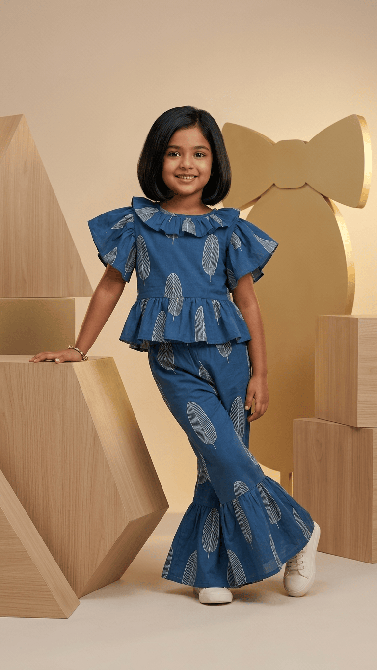Indigo Leaf Frilled Peplum & Ruffle Pant Set
