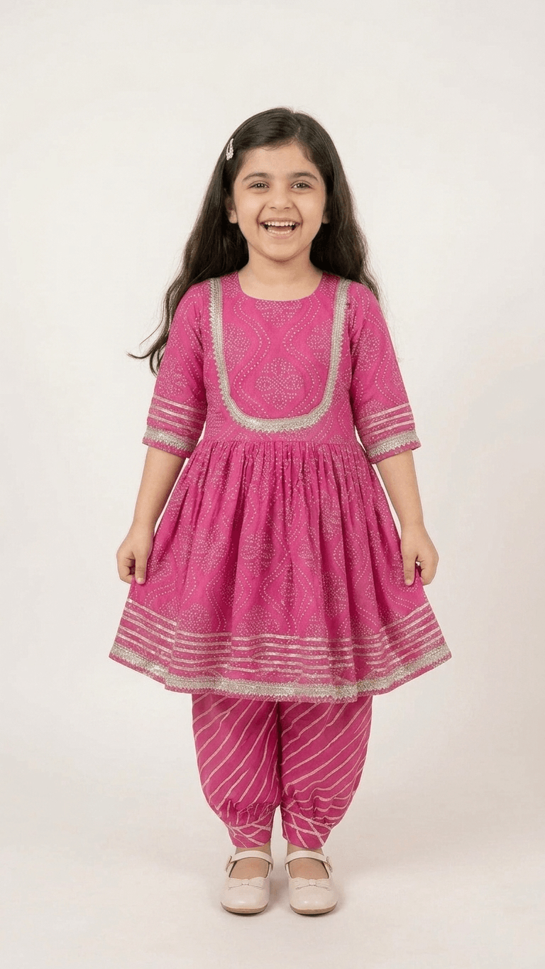 Girls Rani Pink Bandhani Print Kurti Sharara Set | Kids Gota Patti Work Traditional Salwar Kameez Suit