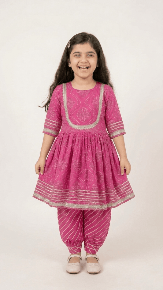 Girls Rani Pink Bandhani Print Kurti Sharara Set | Kids Gota Patti Work Traditional Salwar Kameez Suit