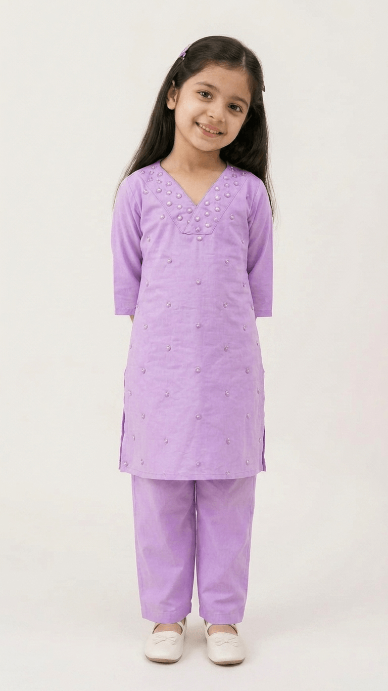 Girls Lavender Mirror Work Kurta Pant Set | Kids Traditional Cotton Straight Kurti Trousers Festive Wear