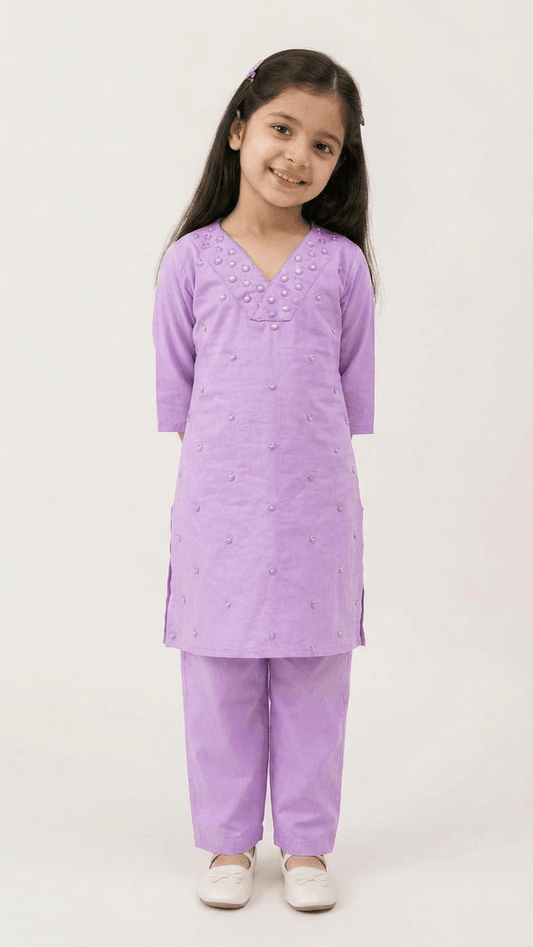 Girls Lavender Mirror Work Kurta Pant Set | Kids Traditional Cotton Straight Kurti Trousers Festive Wear