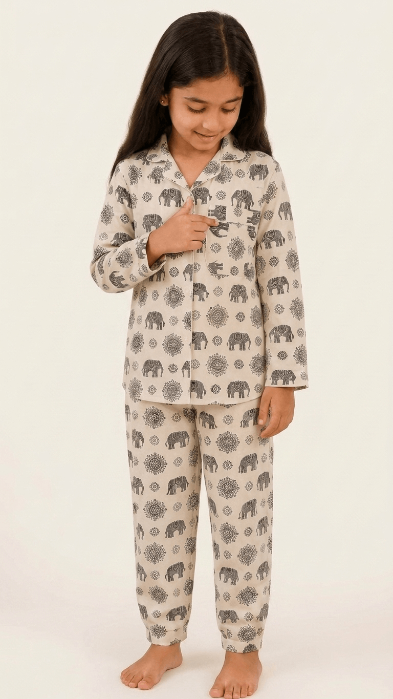 Satrangi House Kids 100% Pure Cotton Woven Full-Sleeve Black Mandala and Elephant Print Night Suit Pajama Set with Travel Pouch