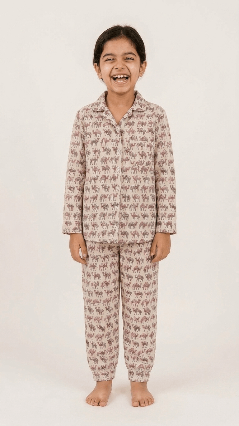 satrangi house Kids 100% Pure Cotton Woven Full-Sleeve Mauve Camel Print Night Suit Pajama Set with Travel Pouch