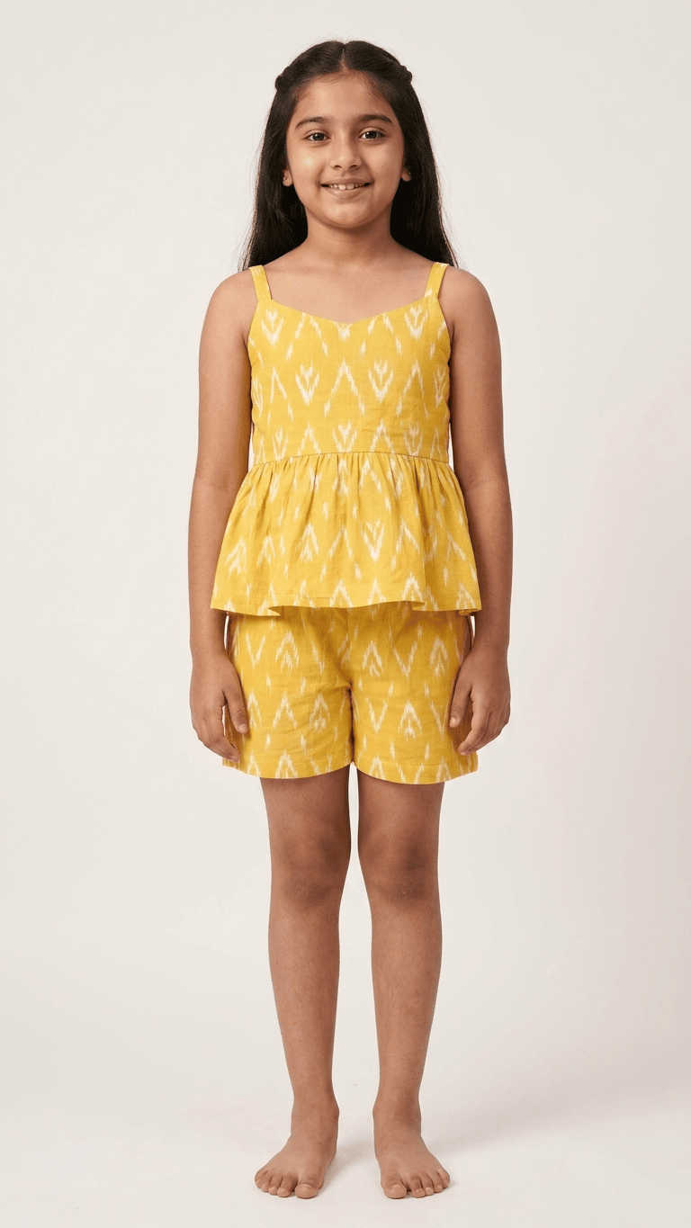 Mustard Ikat Frill Top & Shorts Set
