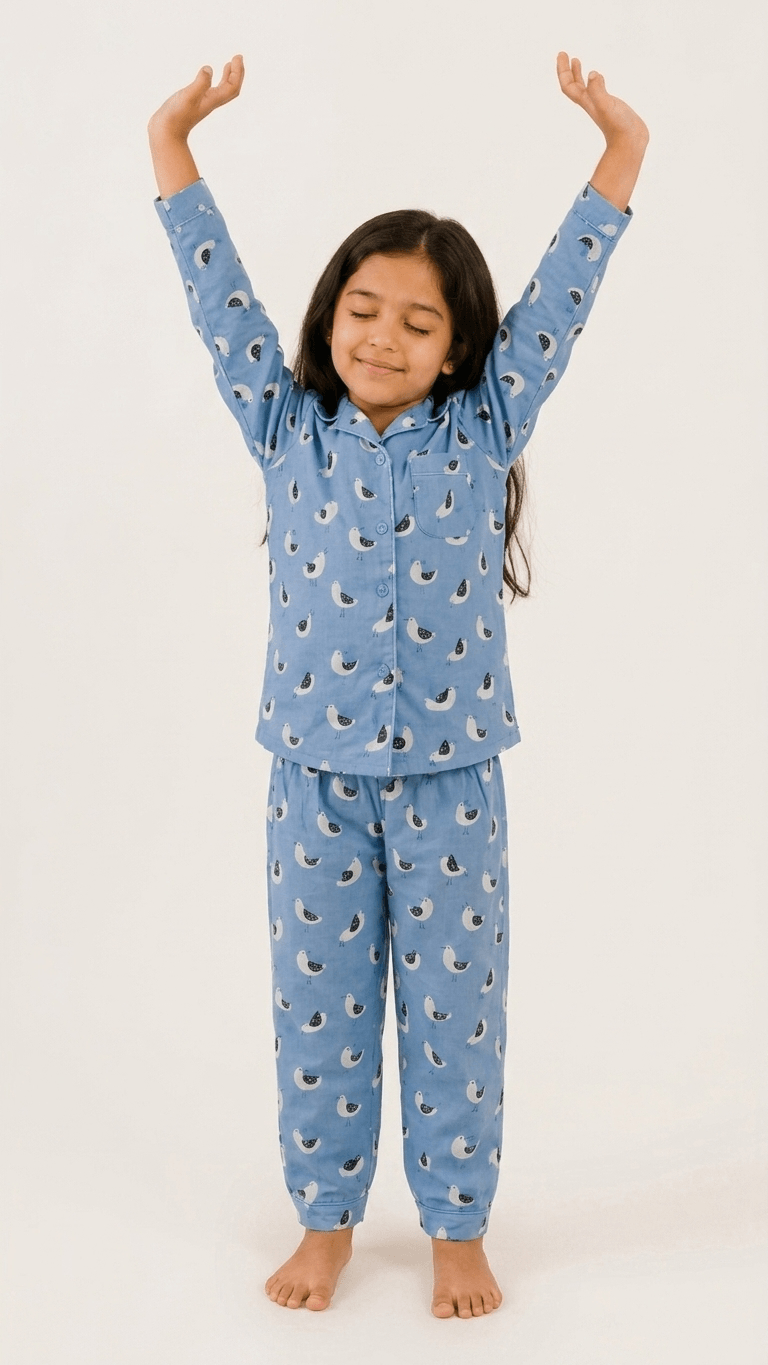 Satrangi House Kids 100% Pure Cotton Woven Full-Sleeve Slate Blue Bird Print Night Suit Pajama Set with Travel Pouch