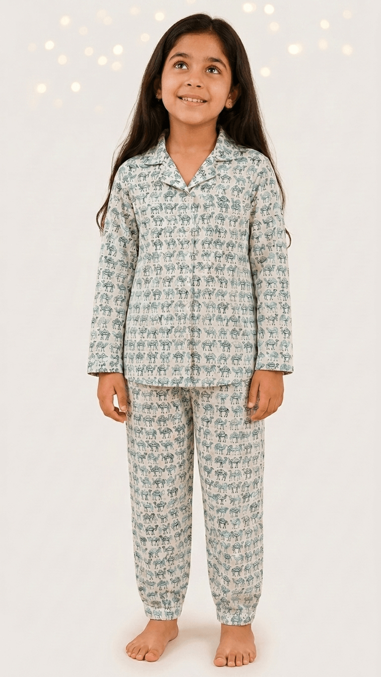 Satrangi House Kids 100% Pure Cotton Woven Full-Sleeve Teal Camel Print Night Suit Pajama Set with Travel Pouch