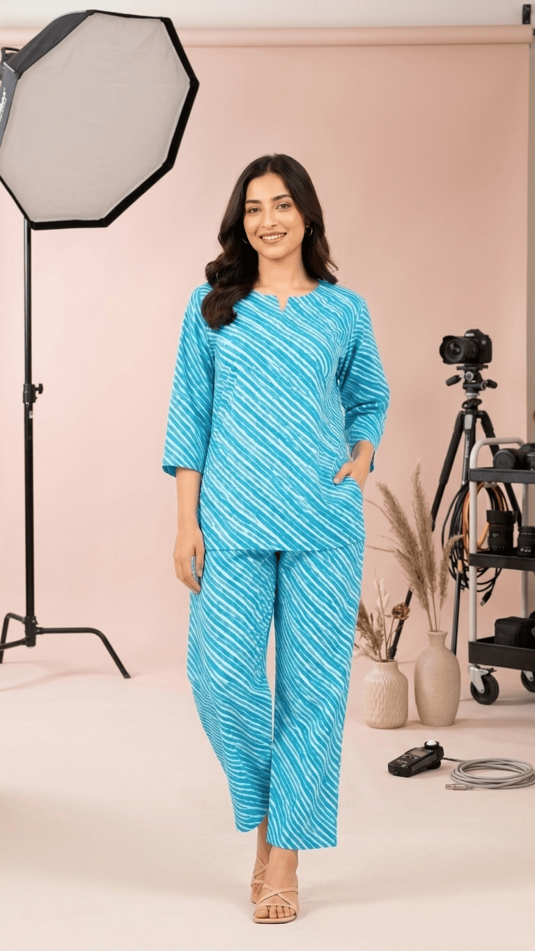 Women's Turquoise Leheriya Cotton Lounge Set