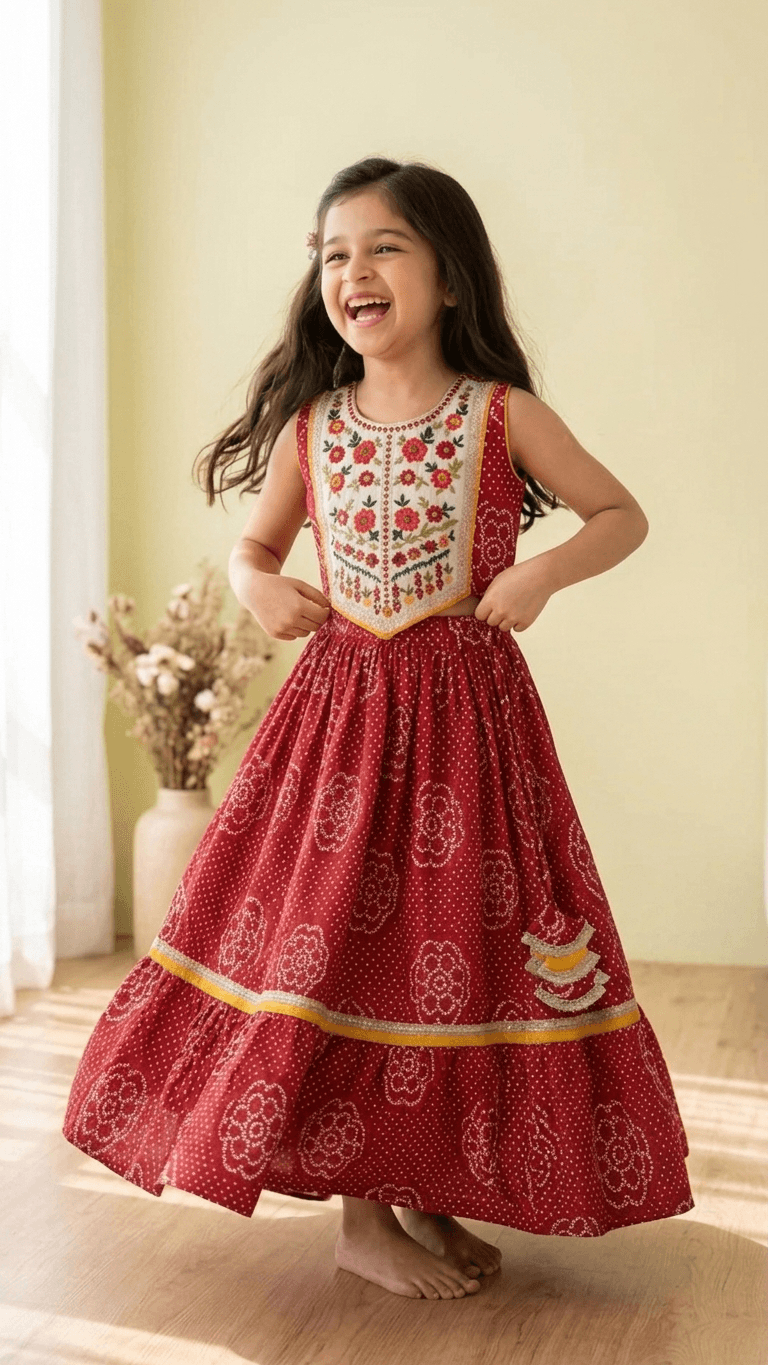 Brother Sister Matching Red Bandhani Festive Combo Set | Kids Crimson Lehenga Choli and Boys Kurta Pyjama Ethnic Suit
