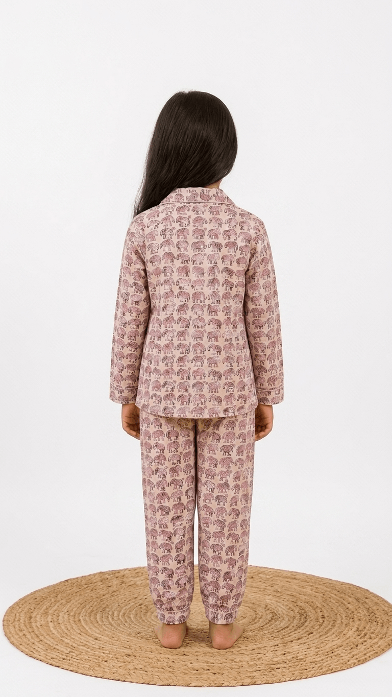 Satrangi House Kids 100% Pure Cotton Woven Full-Sleeve Elephant Print Night Suit Pajama Set with Travel Pouch - Pink