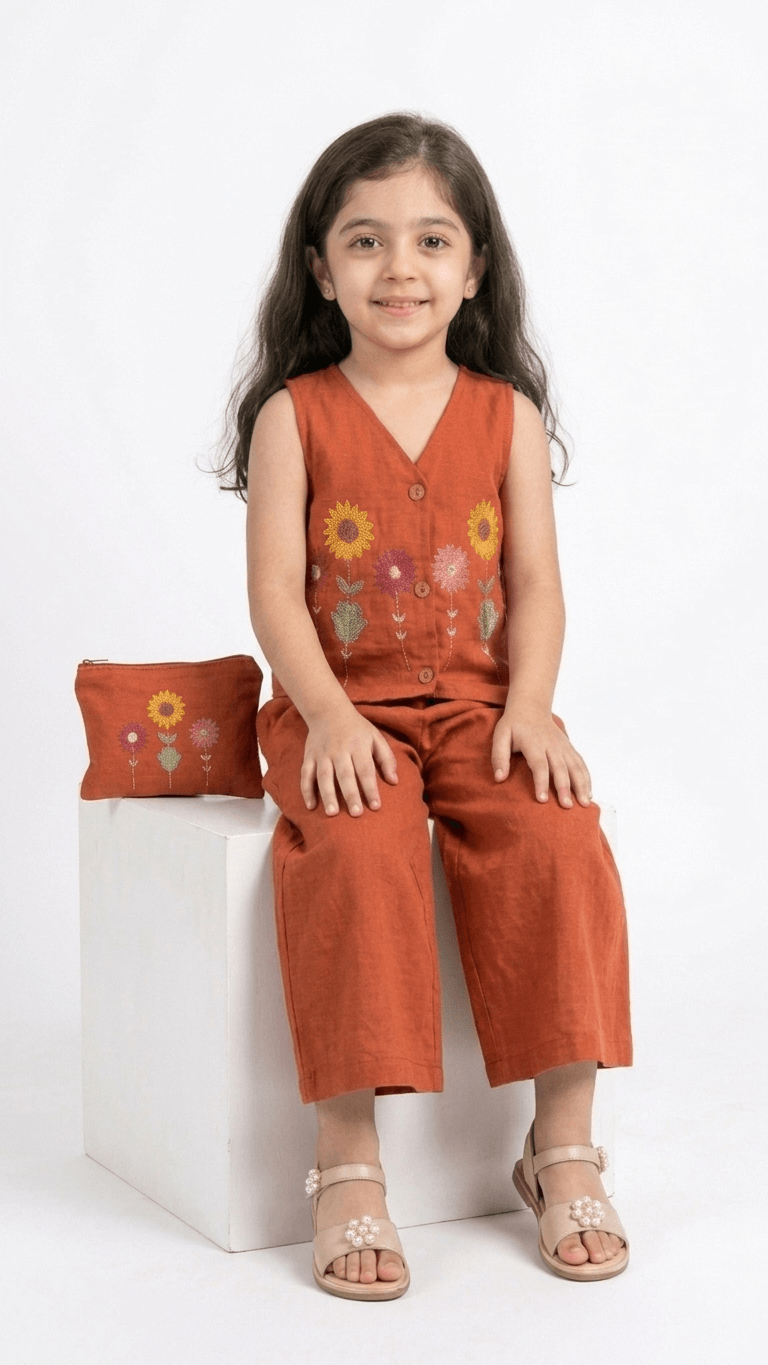 Girls Rust Orange Embroidered Waistcoat and Palazzo Co-Ord Set | Kids Indo-Western Casual Festive Fusion Dress