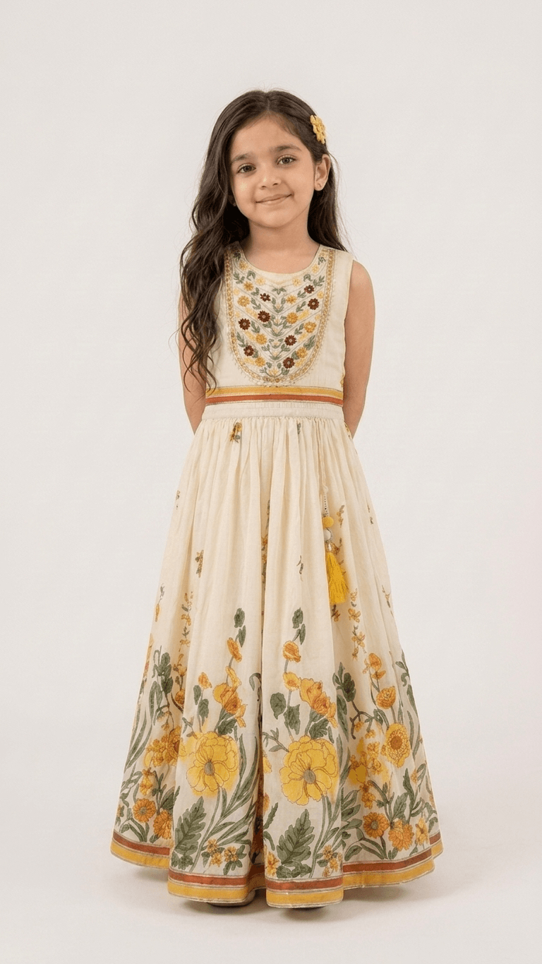Girls Cream Floral Embroidered Ethnic Lehenga Gown Set | Kids Cotton Traditional Festive Wear Dress