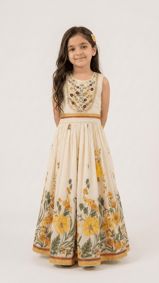 Girls Cream Floral Embroidered Ethnic Lehenga Gown Set | Kids Cotton Traditional Festive Wear Dress