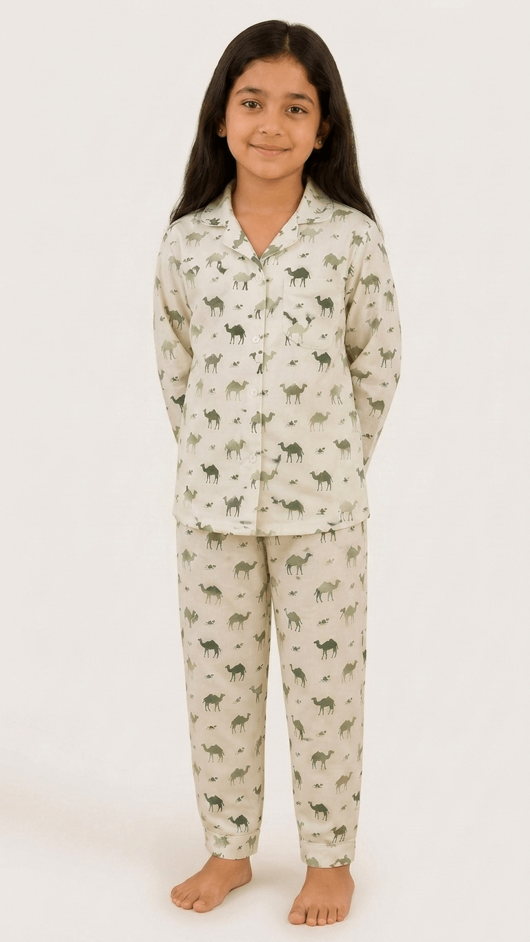 Satrangi House Kids 100% Pure Cotton Woven Full-Sleeve Olive Green Camel Print Night Suit Pajama Set with Travel Pouch