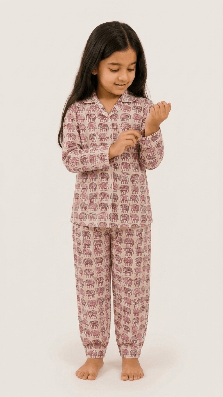 Satrangi House Kids 100% Pure Cotton Woven Full-Sleeve Pink Elephant Print Night Suit Pajama Set with Travel Pouch