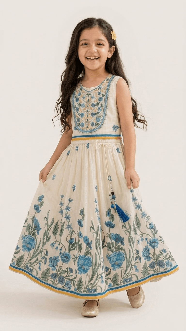 Girls Cream & Blue Floral Embroidered Ethnic Lehenga Gown | Kids Traditional Cotton Festive Wear Dress