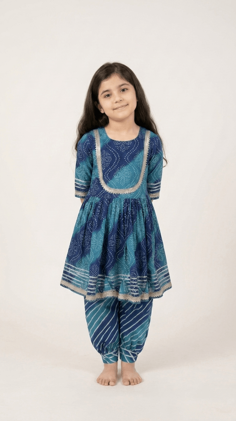 Girls Teal Blue Bandhani Print Kurti Sharara Set | Kids Gota Patti Work Traditional Salwar Kameez Suit
